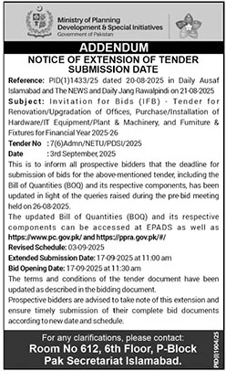 Ministry of Planning Development & Special Initiative Islamabad Tender Notice